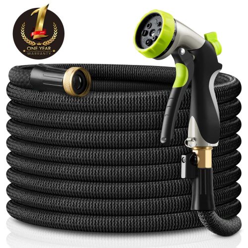 TopSource Expandable Garden Hose with Double Latex Core and 8 Function Spray Nozzle, Black 50FT (75FT 100FT)